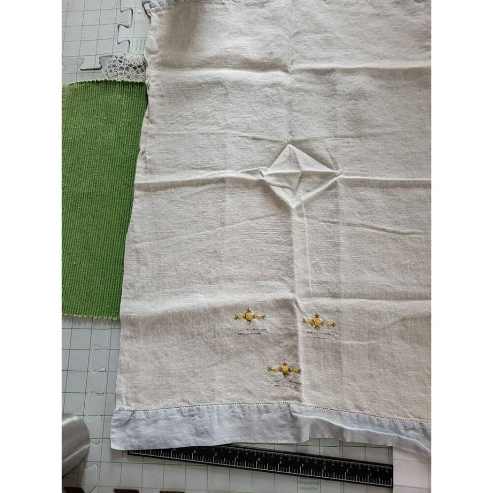 Vintage Hand Embroidered Linen Towel Yellow Rose Trim 16